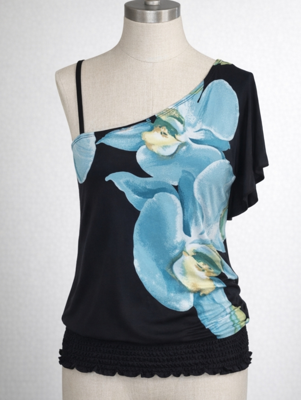 vintage 90s y2k one shoulder floral top | black teal bold flower blouse | SMALL